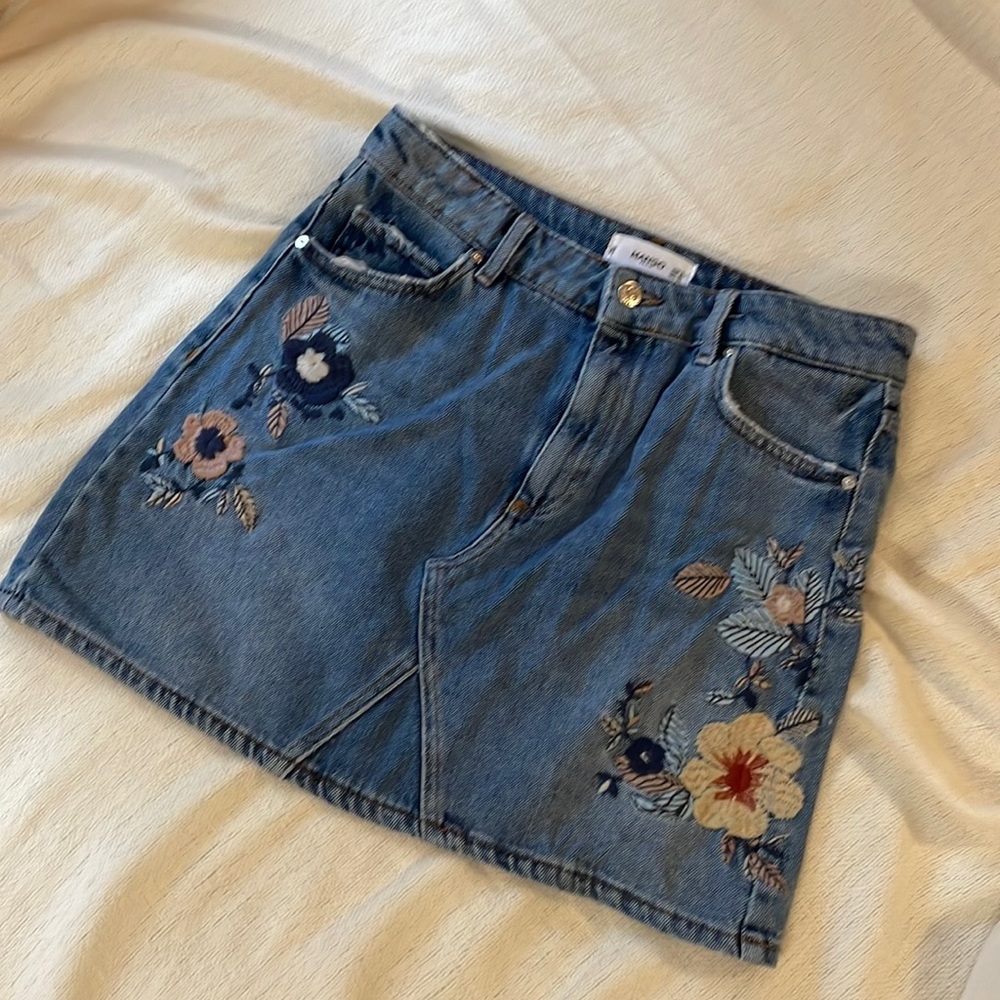 Mango Jean skirt with floral stitching